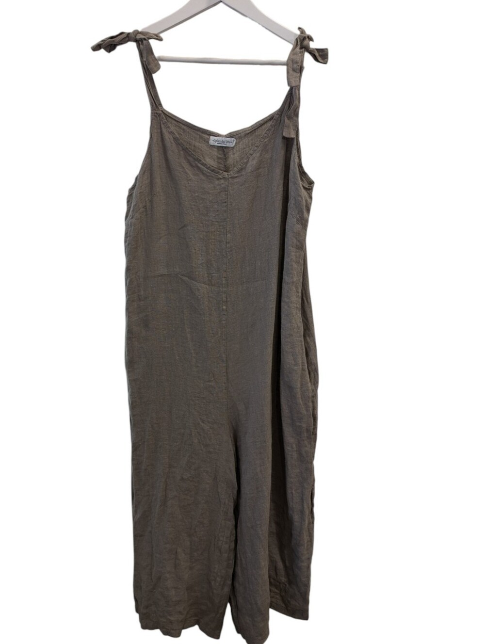 Splendid Iris Linen Capri Jumpsuit Large XL Taupe Lagenlook Wide Leg Made Italy